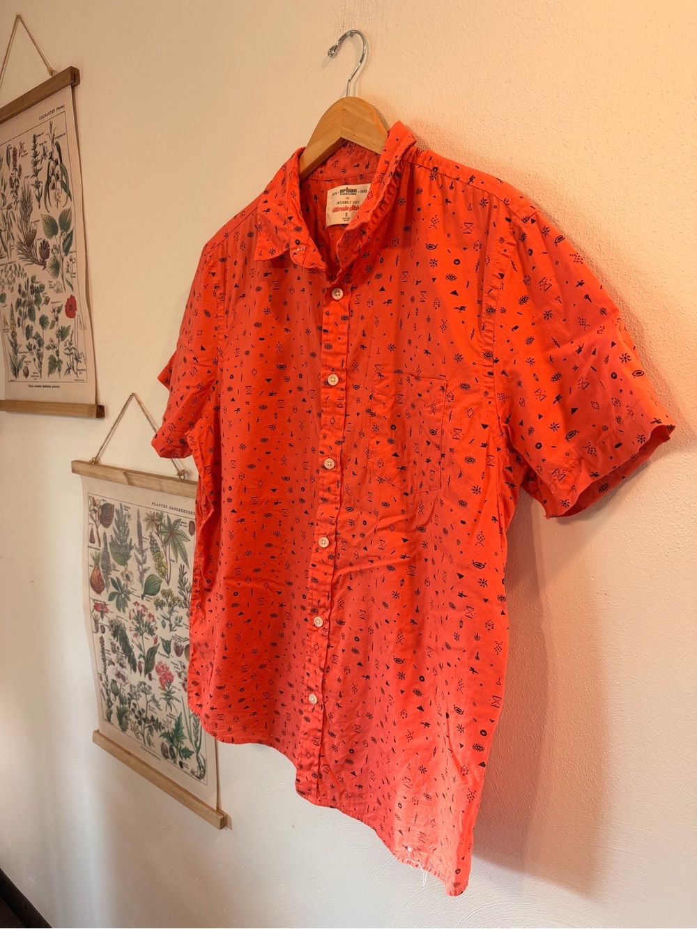 Urban Pipeline - Men’s XL- Button-Up Shirt in Bright Coral with Tribal Print